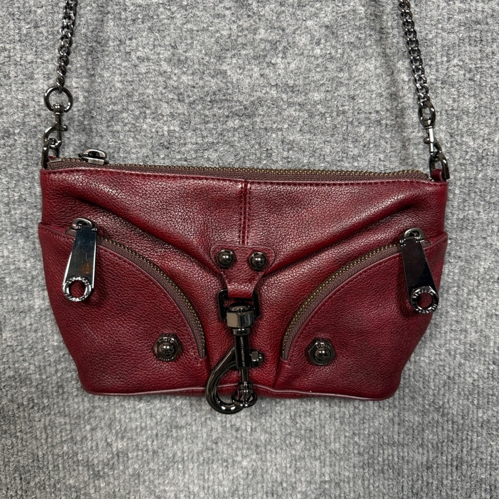 Rebecca Minkoff Mini Julian Crossbody Bag Garnet Red Chain Strap Zip Pockets